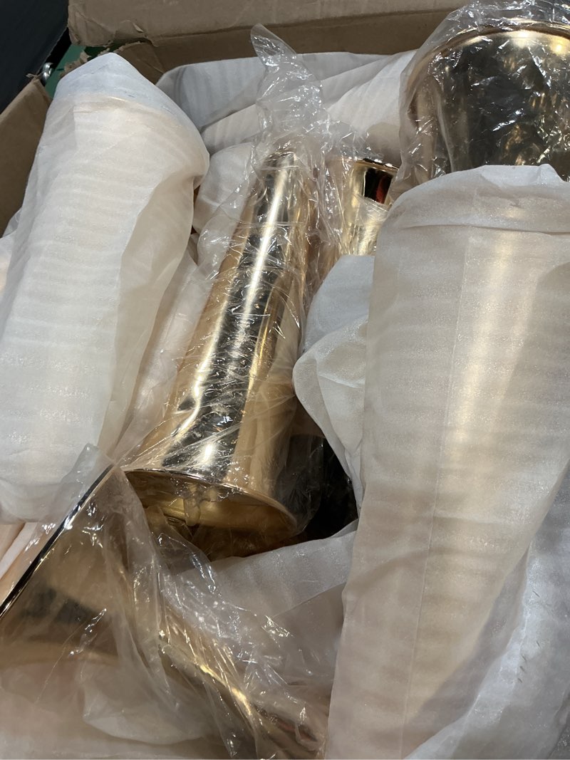 Condition photo showing As Is for 10 pcs tall gold trumpet vases for centerpieces & wedding tables - 21.65\\\" tall gold flower vase set with weighted base, metal trumpet centerpieces for tables (bases para centros de mesa) modern