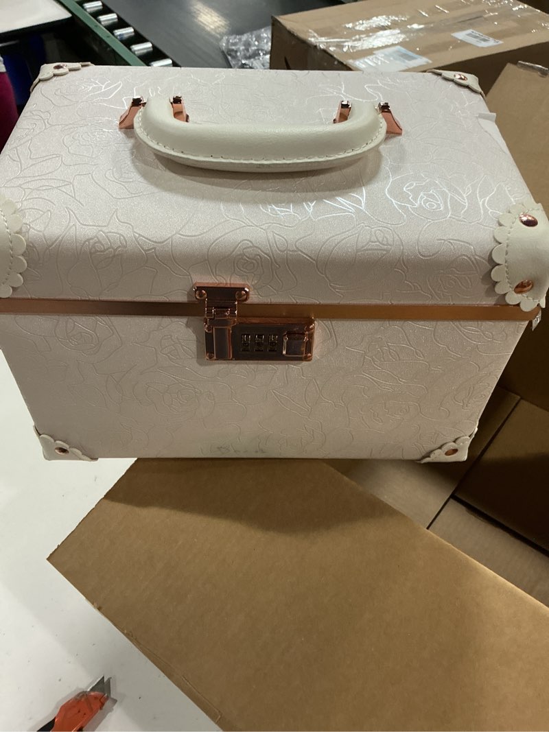 Condition photo showing As Is for urecity vintage makeup train case with rose gold hardware, white embossed pattern, combination lock security, portable cosmetic storage box with handle rose white medium (length: 12.5")