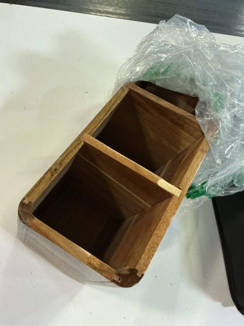 Condition photo showing Good Condition for dstuff large kitchen utensil holder organizer for counter or countertop, large wooden utensil holder for storage cooking and silverware with 3 compartment, acacia rustic wood container extra large