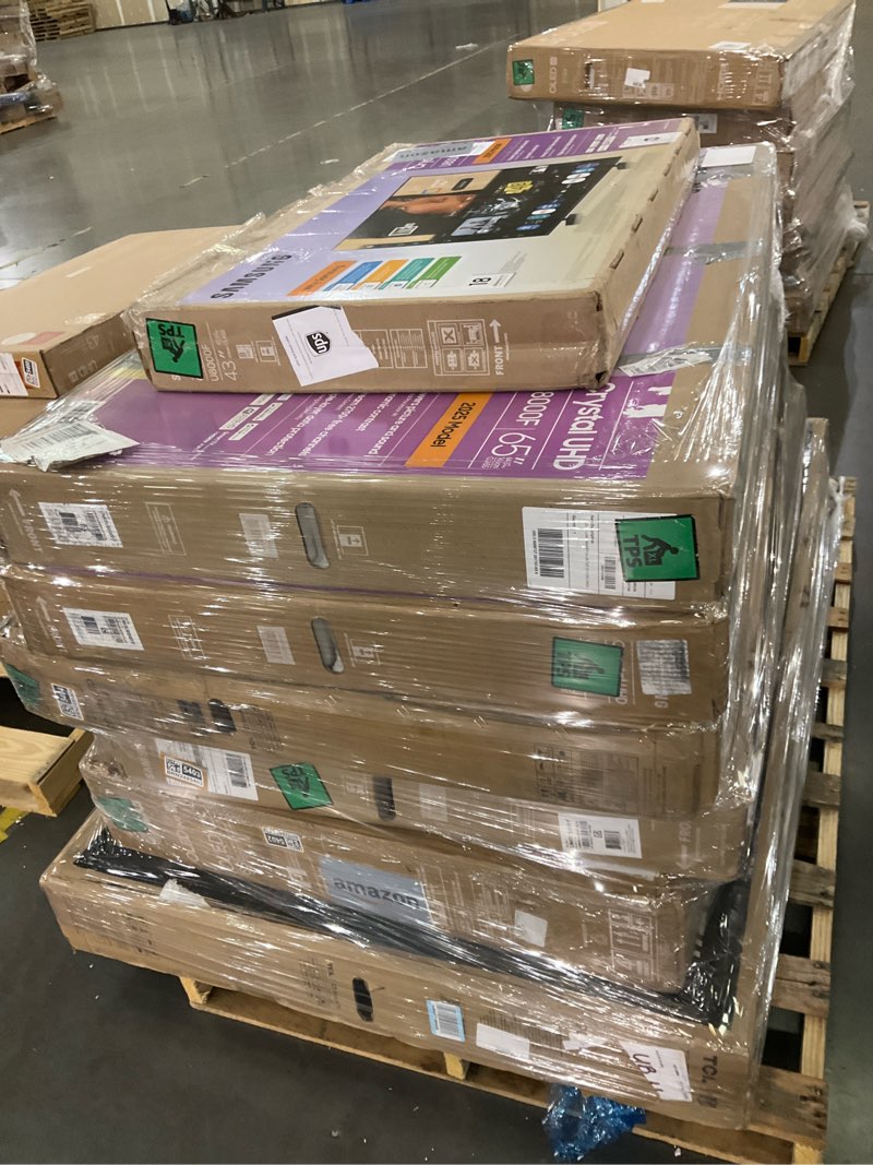 GM pallet lot 7 damaged tv’s, 1 75”, 5 65”, 1 43”