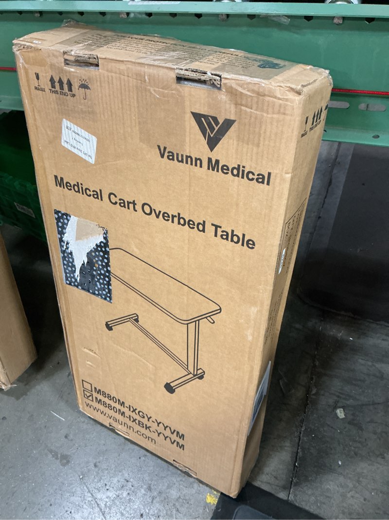 Condition photo showing New/Like New for vaunn medical adjustable overbed bedside table with wheels (hospital and home use) black