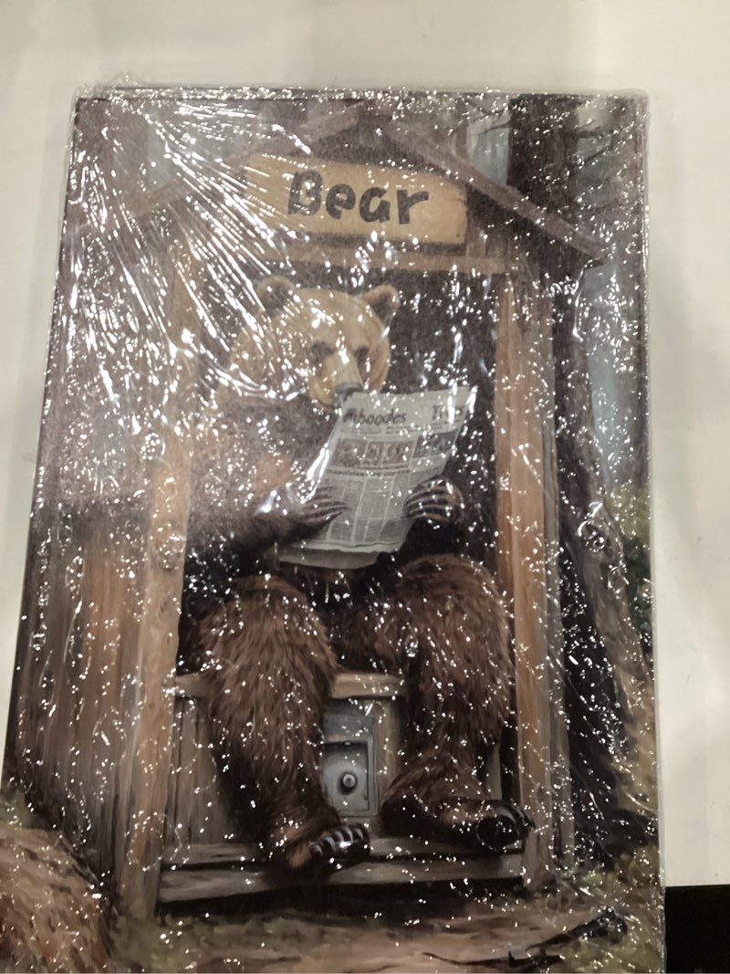 Condition photo showing New/Like New for BJYCHG Bear Canvas Wall Art Rustic Bear in Outhouse Picture for Bathroom Animal on Toilet Prints Forest Wildlife Painting Farmhouse Cabin Bathroom Decor Framed (Brown, 24L x 16W) Brown 24"L x 16"W
