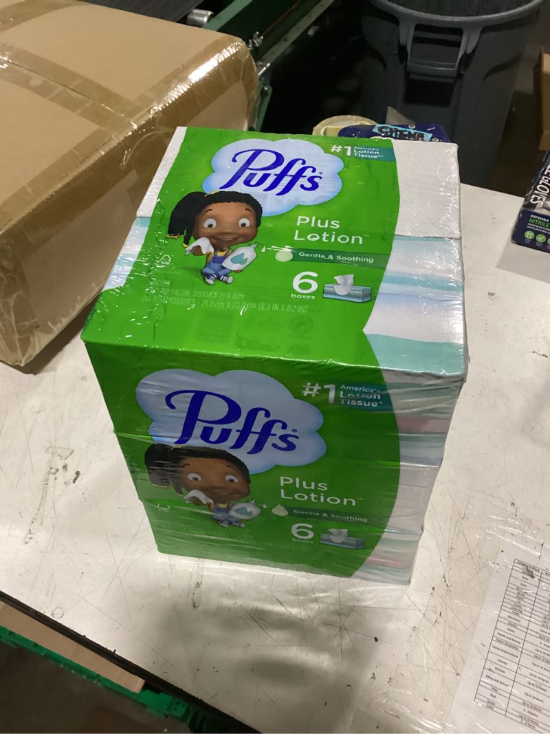 Condition photo showing New/Like New for puffs plus lotion facial tissues; 6 family boxes; 124 tissues per box 124 count (pack of 1)