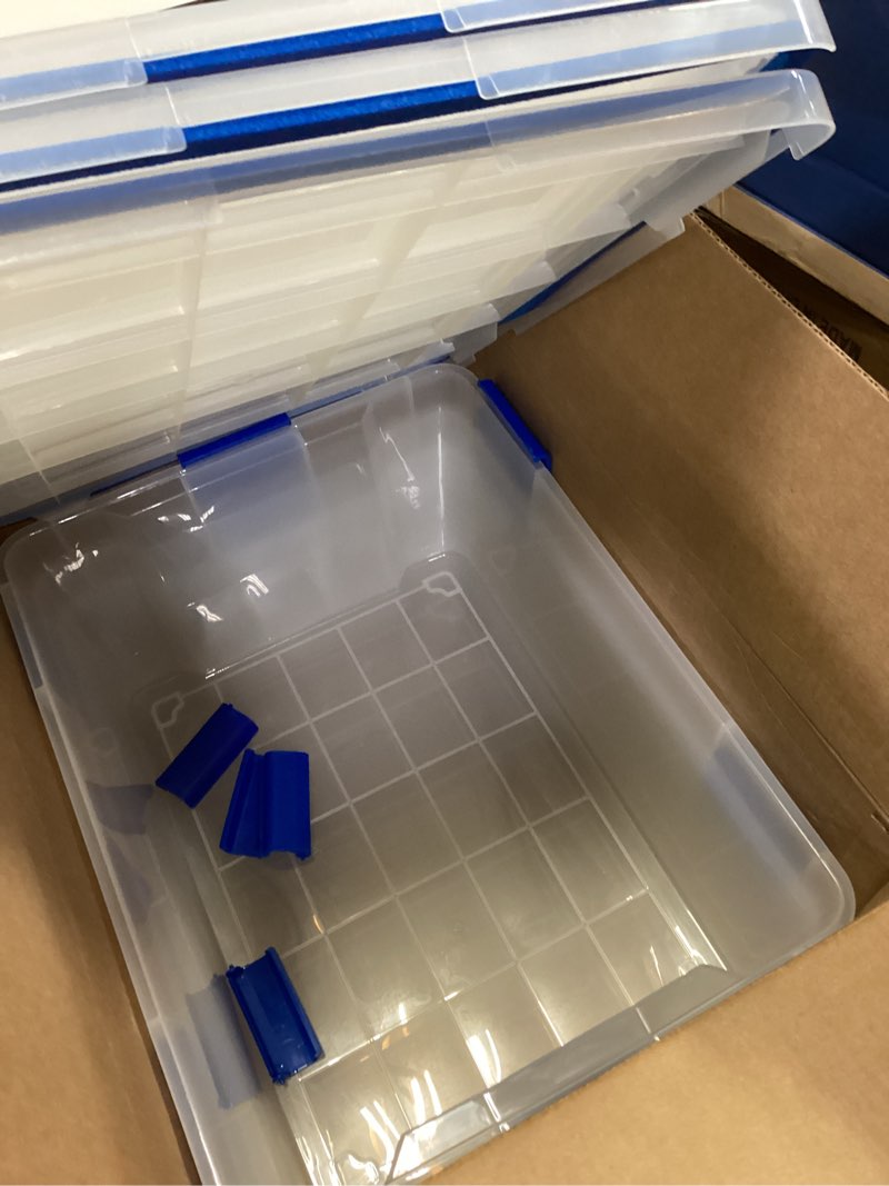 Condition photo showing Good Condition for IRIS USA WeatherPro 60 Qt Storage Bins with Lids, 3 Pack, BPA-Free Plastic Gasket Box with Tight Latch and Seal, Stackable Nestable Tote Tub - Clear/Blue 60 Qt. - 3 Pack
