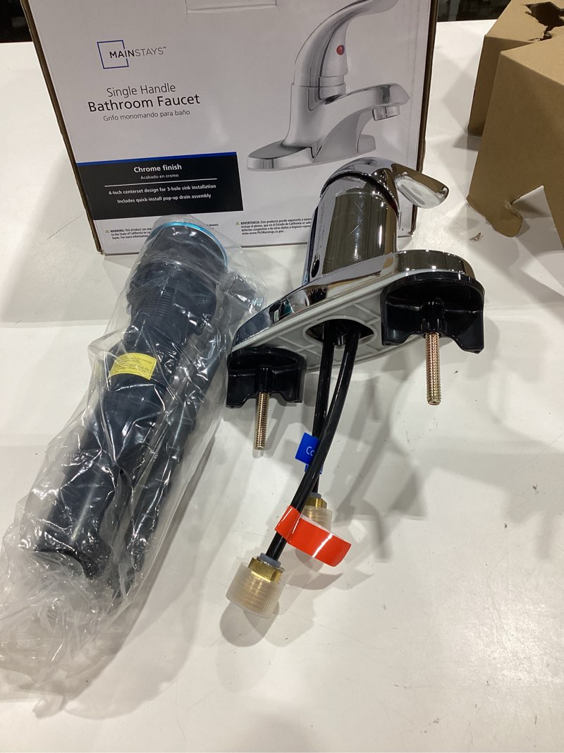 Condition photo showing As Is for mainstays 4  centerset single handle bathroom sink faucet with pop-up assembly in chrome