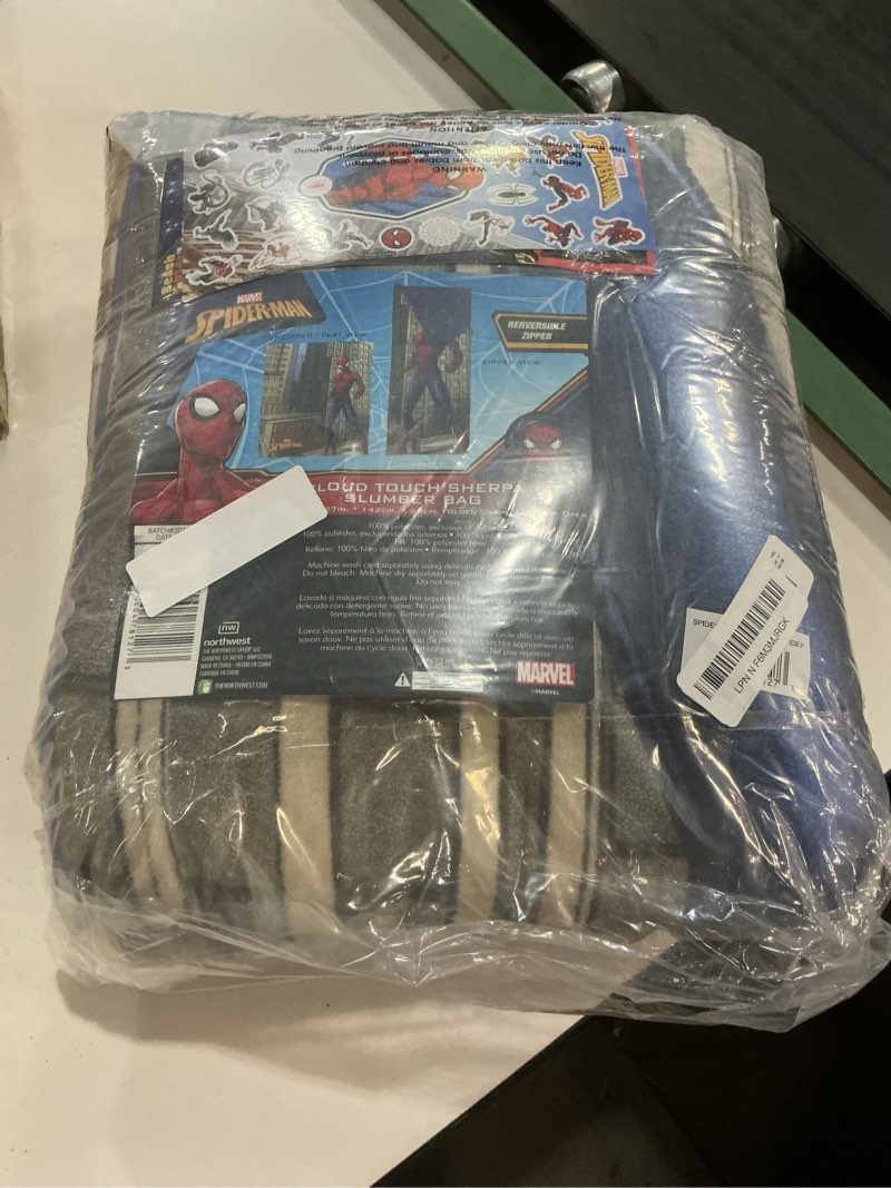 Condition photo showing Good Condition for spidey and friends sleeping bag set - bundle with 27" x 26" marvel slumber bag plus stickers, more | spiderman camping and sleepover supplies