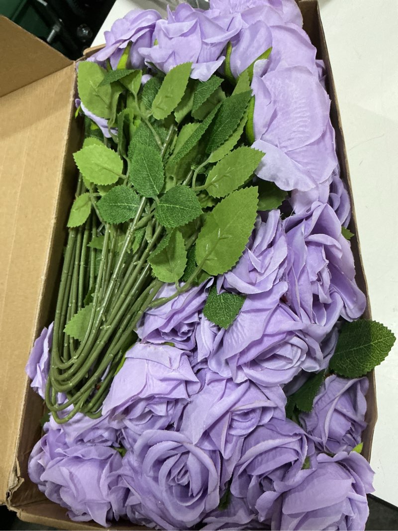 Condition photo showing As Is for 72 pcs artificial roses light purple fake silk roses realistic roses faux flower indoor wedding home decor, birthday decorations