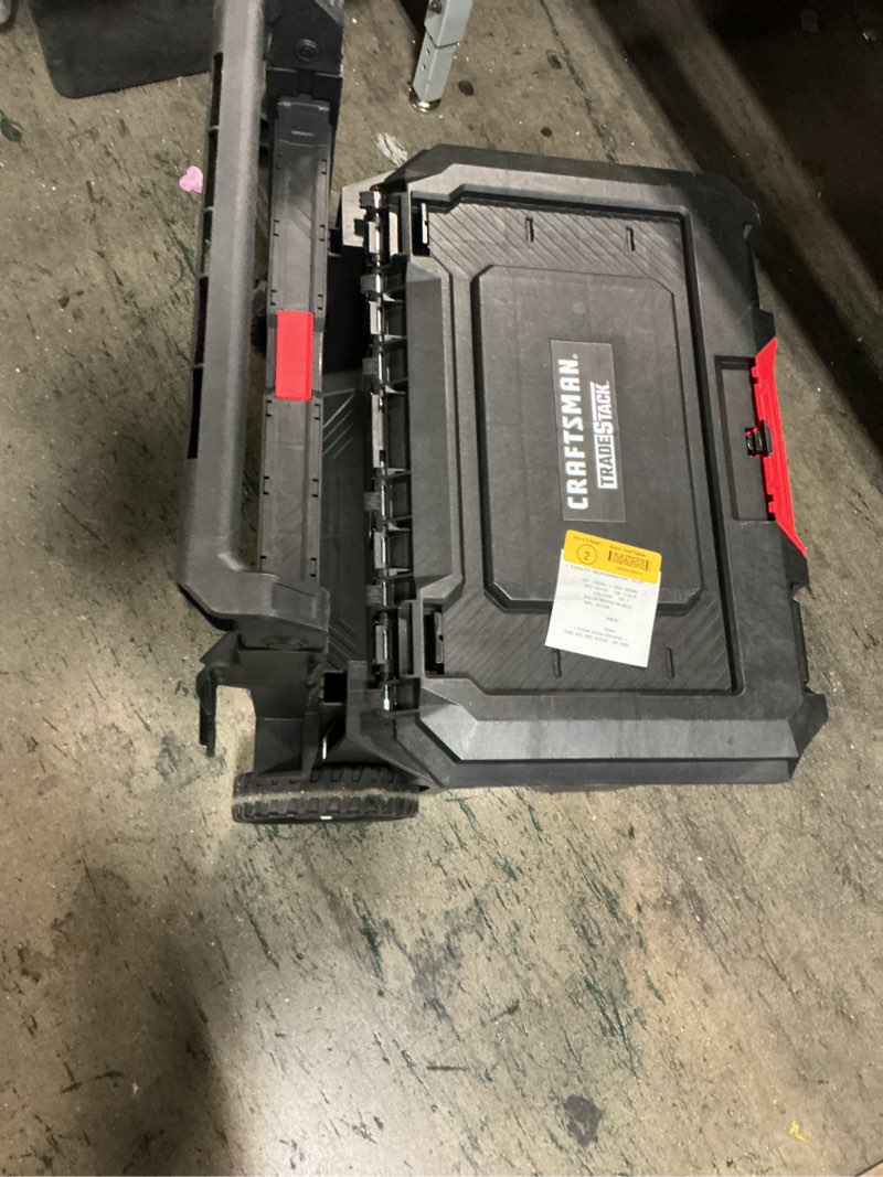 Condition photo showing As Is for craftsman tradestack tool box with wheels, waterproof, stackable system, portable rolling storage for indoor/outdoor use, 22.5 inch (cmst21445)