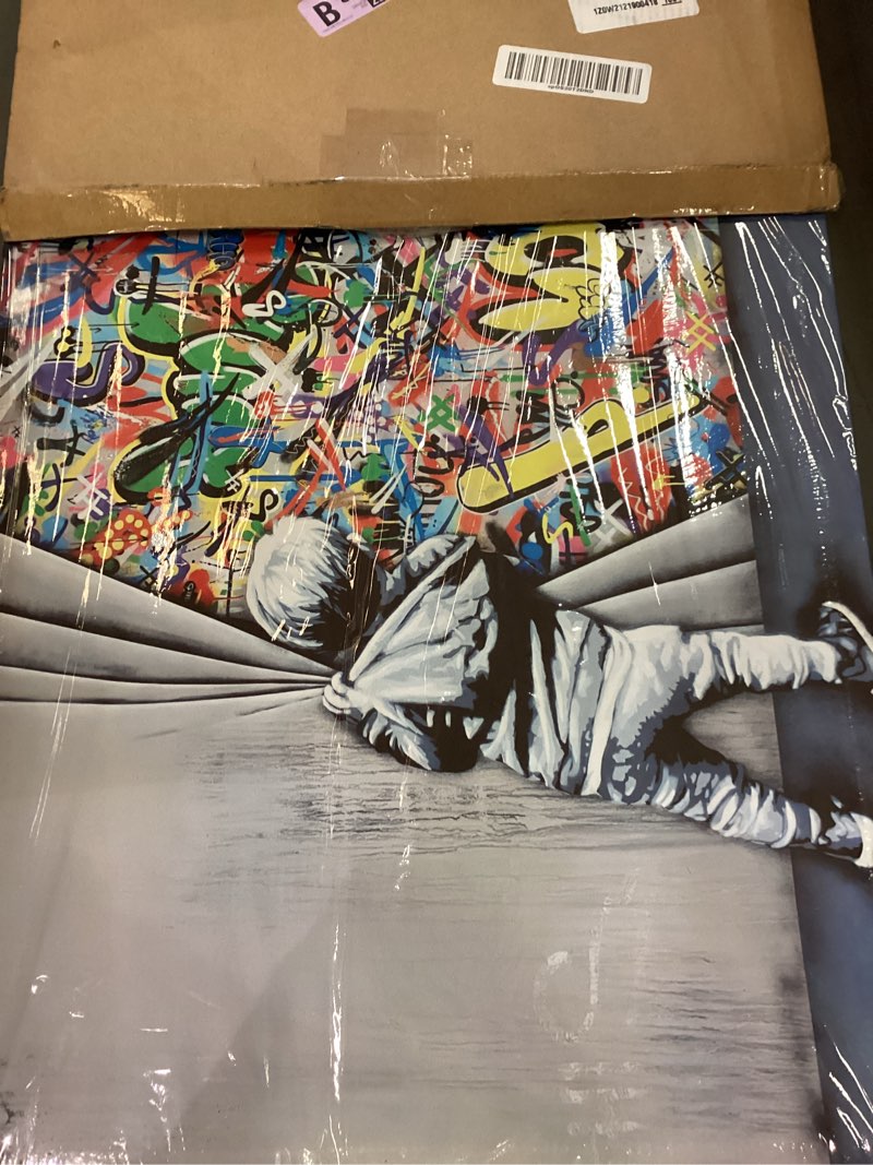 Condition photo showing Good Condition for Banksy Canvas Wall Art Pop Street Graffiti Wall Art Decor Cool Poster Paintings Colorful for Men Ready To Hang for Living Room Bedroom Home Bathroom Wall Decor 16x24in Framed banksy 24"L x 16"W