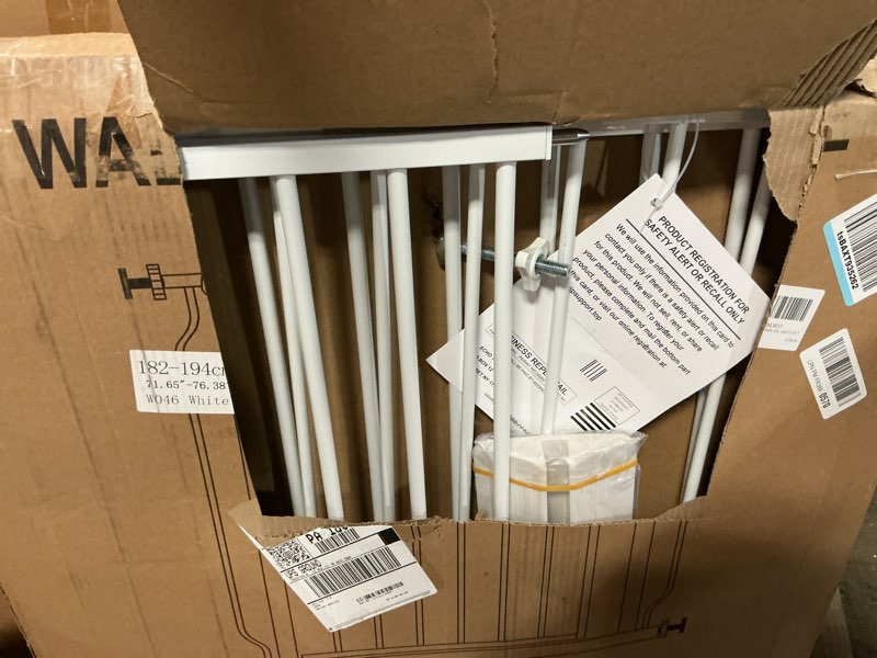 Condition photo showing As Is for allaibb extra wide pressure mount baby gate auto close white metal child dog pet safety gates with walk through for stairs,doorways,kitchen and living room(38.58-43.31"/98-110cm) white 38.58-43.31"/98-110cm
