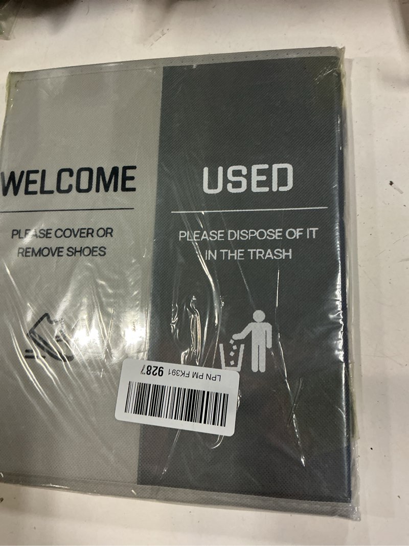 Condition photo showing New/Like New for foldable shoe cover bin storage box storage dispenser holder with used shoe covers and welcome please or remove sign for open house supplies (grayish white)
