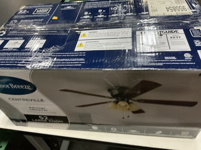 Condition photo showing As Is for (missin 5 blades)  harbor breeze centreville 52-in flush mount oil-rubbed bronze with auburn/mink blades ceiling fan with light ( 5 -blade )