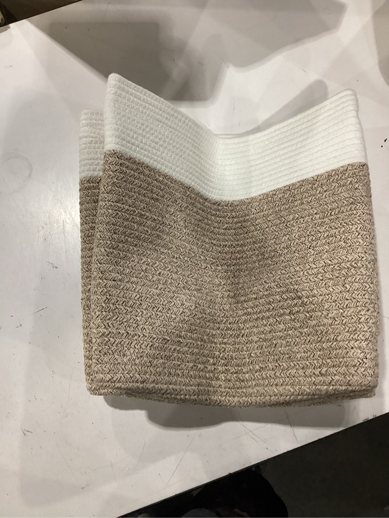 Condition photo showing New/Like New for oiahomy woven storage basket for shelves, rectangle cotton rope baskets for organizing, 13 x 10 x 9 in, storage bins for dog toys,towel,books,gift,brown and white brown and white 13"x10"x9"