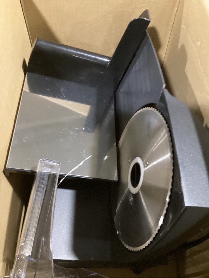 Condition photo showing Good Condition for elite gourmet emt-625b ultimate precision electric deli food meat slicer removable stainless steel blade, adjustable thickness, ideal for cold cuts, hard cheese, vegetables & bread, 7.5”, black stainless steel & black
