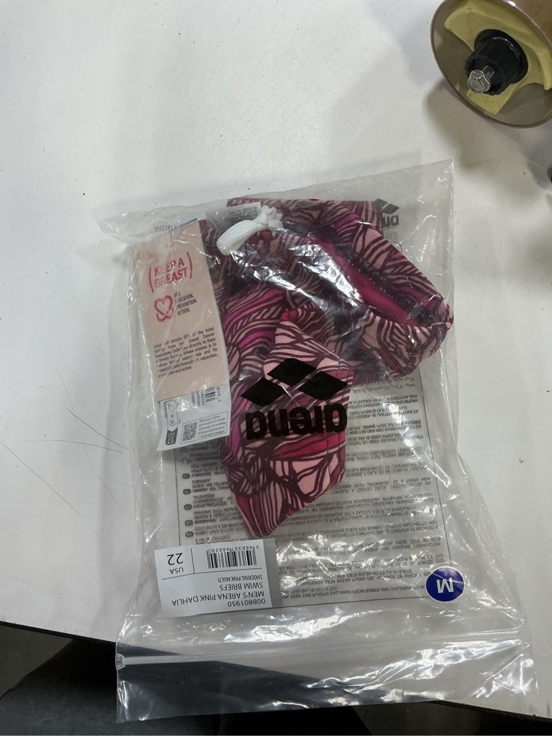 Condition photo showing New/Like New for Mens arena pink dahlia swim briefs size 22