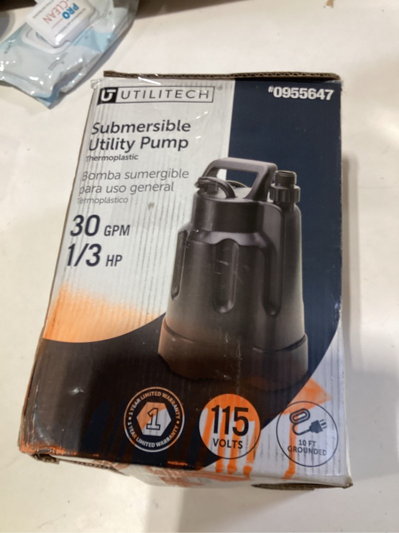 Condition photo showing As Is for utilitech sw1110c 1/3-hp 115-volt thermoplastic submersible utility pump new 