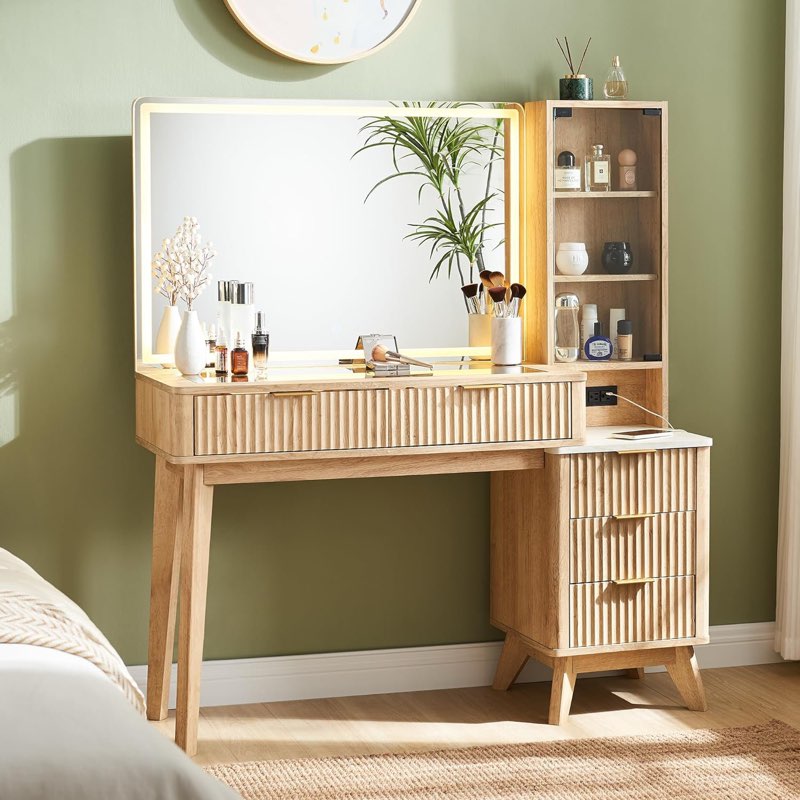Carsin 48" Fluted Makeup Vanity Desk with 36" Big Lighted Mirror, Wood Bedroom Vanity with Lights & Glass Top, Charging Station