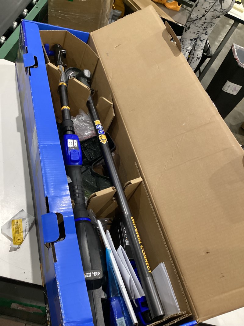 Condition photo showing As Is for kobalt 48v max (24vx2) 15-in attachment capable battery string trimmer kit, (2) 3.0ah batteries and charger included