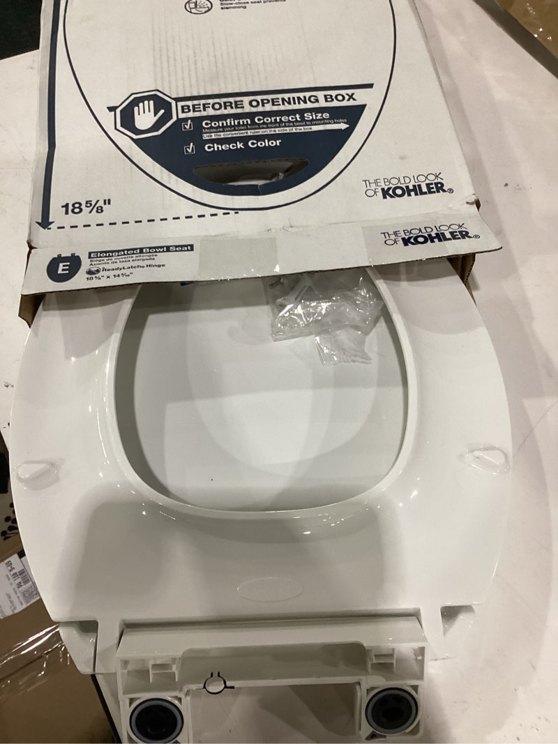 Condition photo showing As Is for kohler cachet® nightlight soft close toilet seat elongated, readylatch®, grip-tight hardware, white white elongated night light