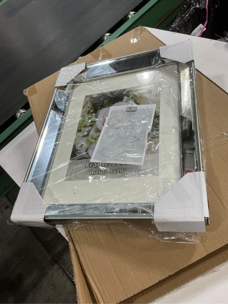 Condition photo showing Good Condition for laura ashley 8x10 silver beveled mirror picture frame, classic mirrored frame with deep slanted angle, wall-mountable, made for tabletop display, photo gallery and wall art, (8x10, silver)