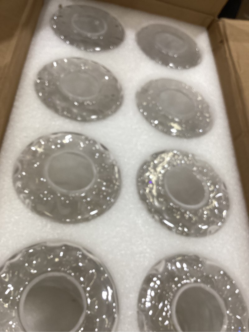 Condition photo showing Good Condition for 8 Pcs Clear Hammered Glass Shade Replacements for Pendant Light Fixtures Glass Lamp Shade Cover, 1-5/8 Inch Fitter E26 Base, 4"w x 6"h, Replacement Lamp Globe for Chandelier Wall Sconce Clear Hammered 8