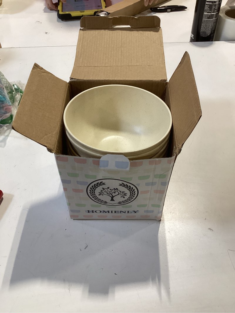 Condition photo showing New/Like New for Homienly Unbreakable Cereal Bowls, Unbreakable Plastic Bowls Alternatives Set of 8, Wheat Straw Bowl for Kitchen,Camping, RV, Party, Microwave Safe Bowl Set for Cereal, Soup, Salad (Beige, 26 OZ) 26 OZ Beige