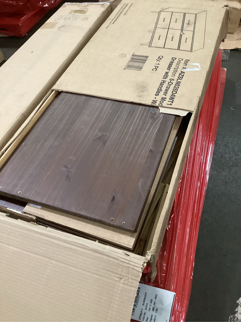Condition photo showing Good Condition for Walker Edison Sloane 6-Drawer Solid Wood Dresser with Metal Handles, 52 Inch, Walnut Walnut 19"D x 52"W x 32.9"H (6 Drawers) Metal Handle