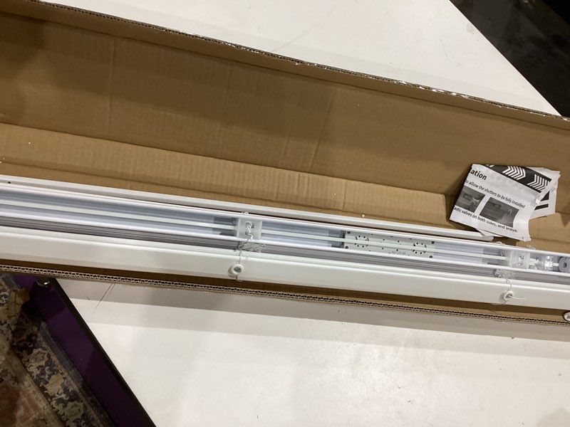 Condition photo showing As Is for no tools no drill cordless mini blinds 36" wx 48" h, 1" l-shaped blades, horizontal vinyl blinds for indoor windows, white 36x48in