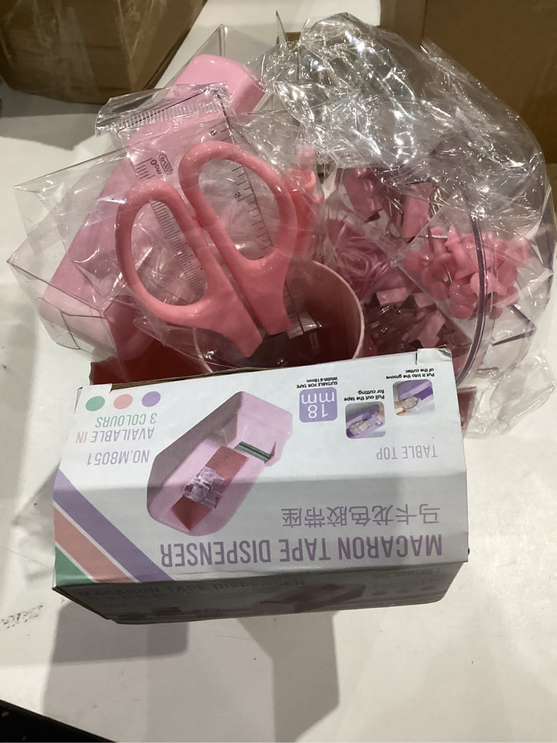 Condition photo showing Good Condition for Desk Organizers and Accessories Set with 360-Degree Rotating Pen Holder, Tape Dispenser, Stapler, Staple Remover, 1000 Staples, Tape, Clips Set, Ruler, Scissor, Pen A Pink