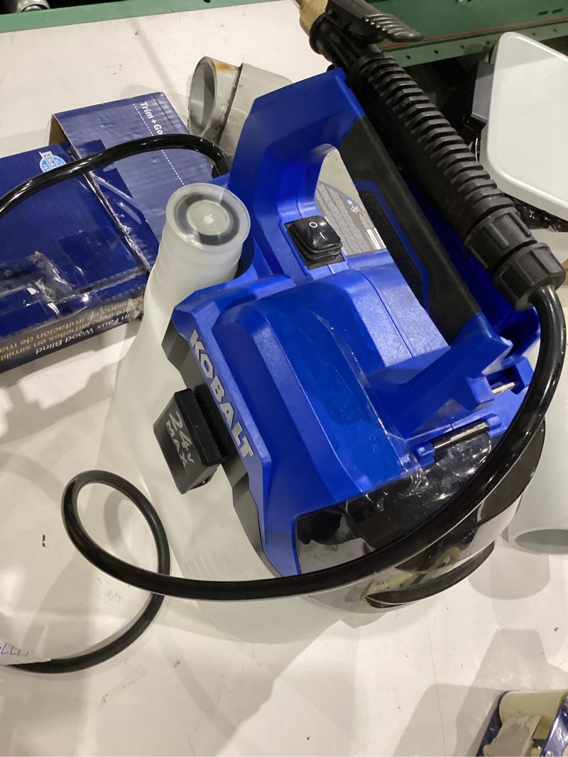 Condition photo showing As Is for kobalt 2.11-gallon 24-volt battery operated plastic handheld sprayer