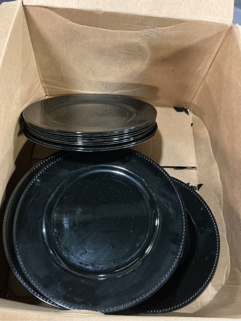 Condition photo showing As Is for 50 Pcs Black Charger Plates Bulk,13 inch Round Beaded Plate Chargers for Dinner Plates, Decorative Dinner Charger Plastic Table Chargers for Wedding Holiday Party Baby Shower Event Decoration