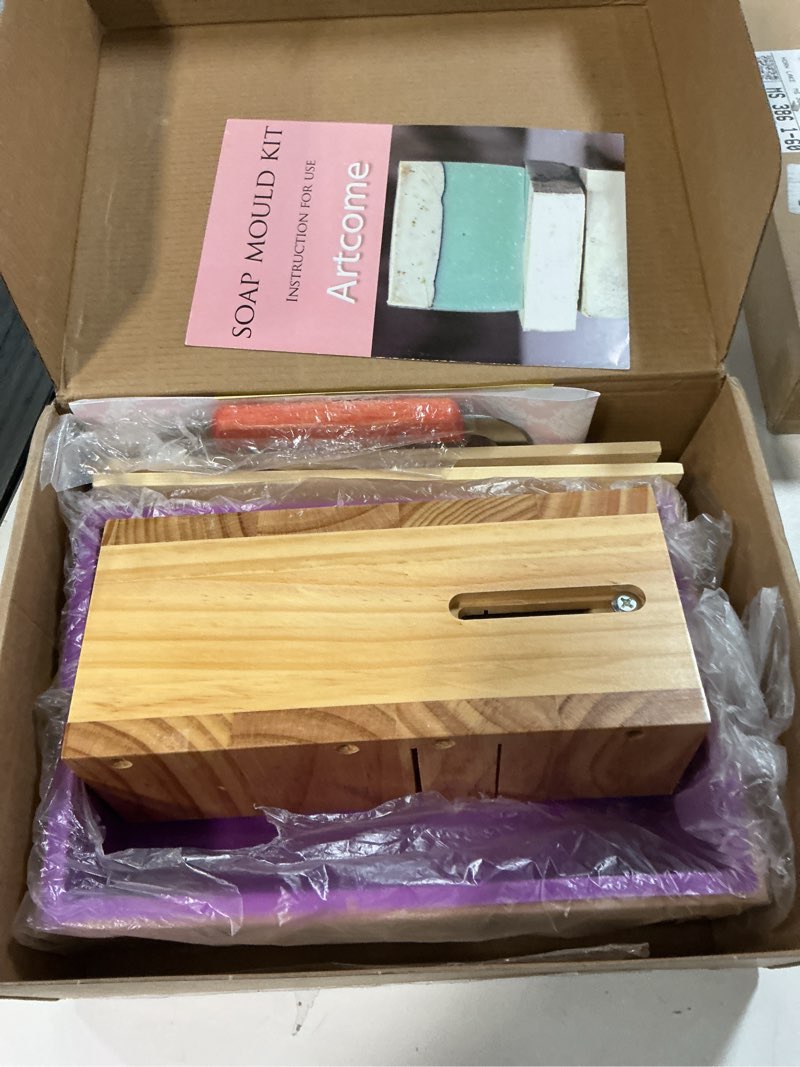 Condition photo showing New/Like New for Artcome Loaf Soap Making Cutting Mold Kit 2Pcs 42oz Rectangular Silicone Soap Mold, 2Pcs Wooden Box with Lid, Adjustable Wooden Soap Cutting Tool with Stainless Steel Wavy & Plastic Straight Cutter
