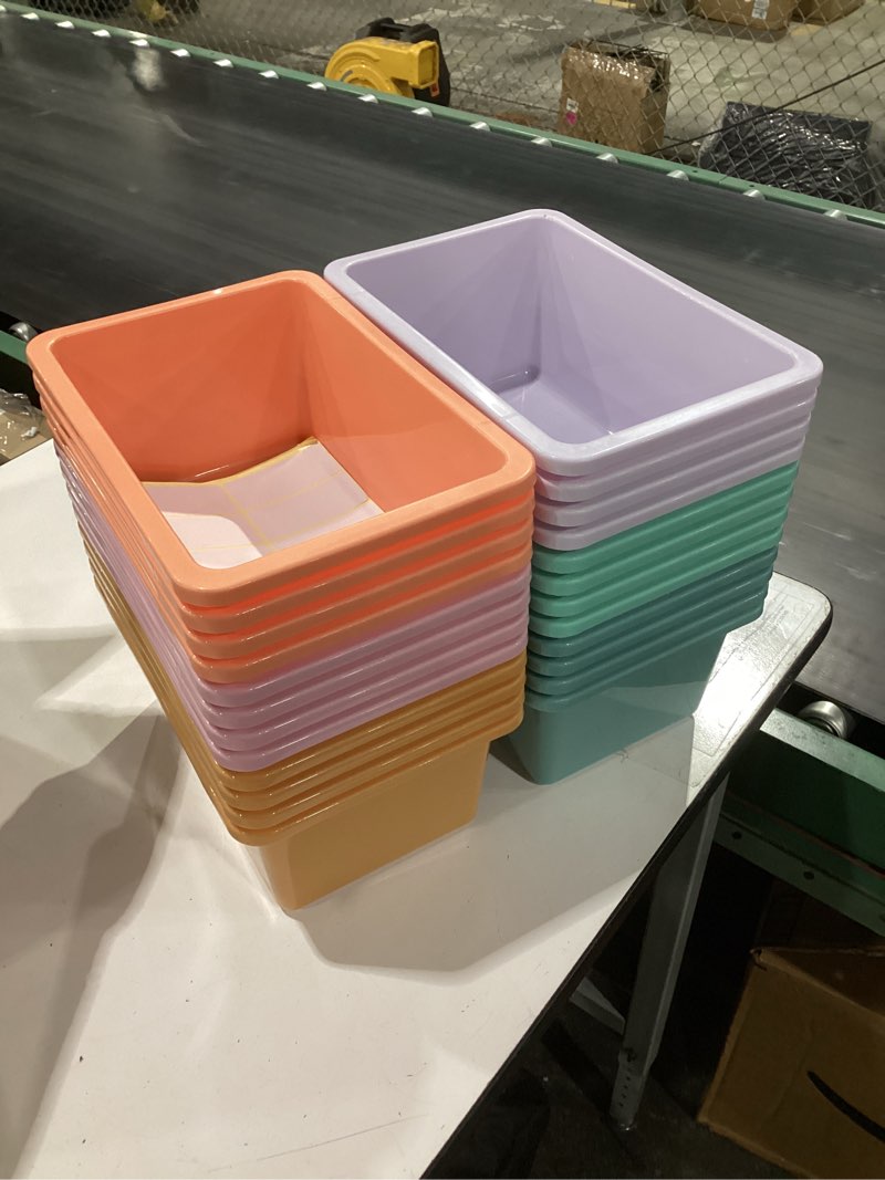 Condition photo showing New/Like New for thyle 24 pieces plastic cubby bins with labels 11.6 x 7.7 x 5 inch classroom book bins stacking storage container organizer storage cubbies for classroom office (classic,dusty pastels color) about 11.6 x 7.7 x 4.9 inches of storage morandi color 24