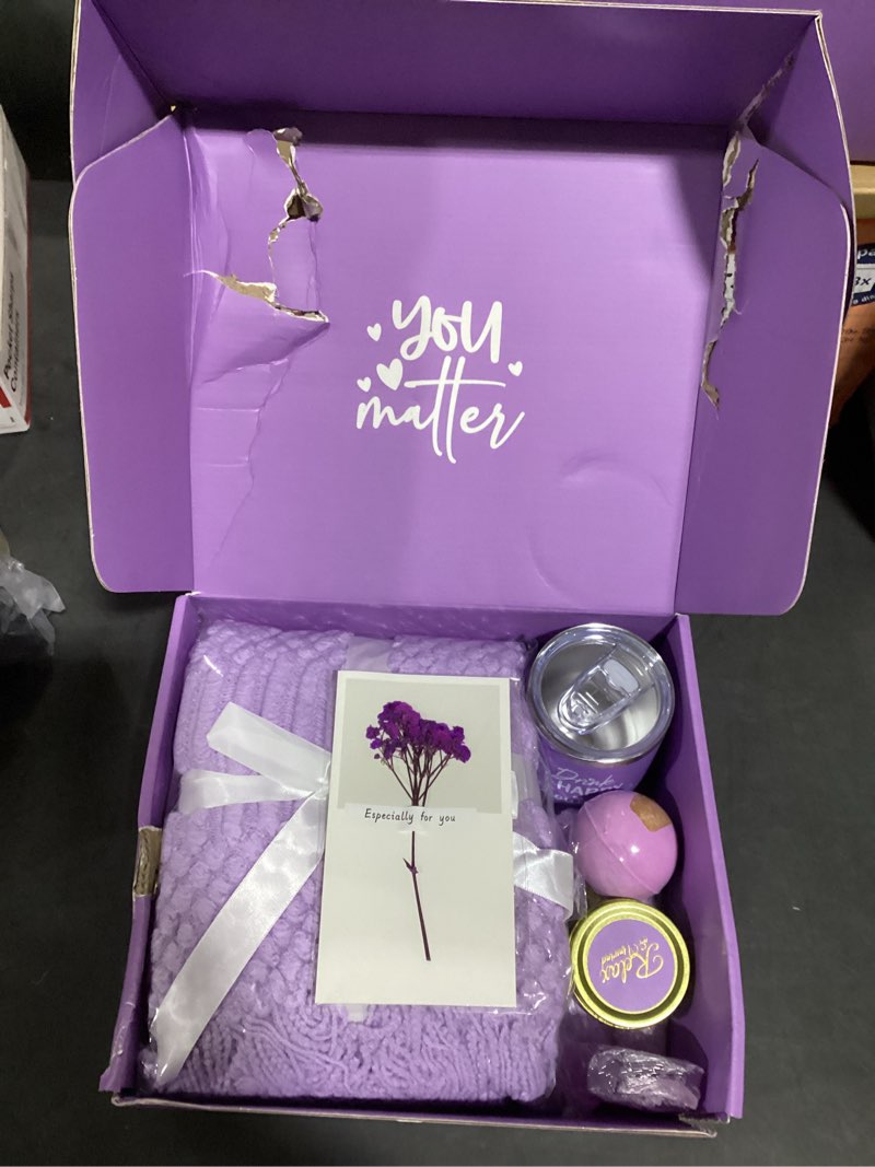 Condition photo showing item condition for Christmas Gifts for Women, Self Care Get Well Soon Gifts, Lavender Relaxing Spa Gift Basket Care Package w/Blanket, Mothers Day Valentines Birthday Gifts for Mom Her Wife Girlfriend Sister Best Friend