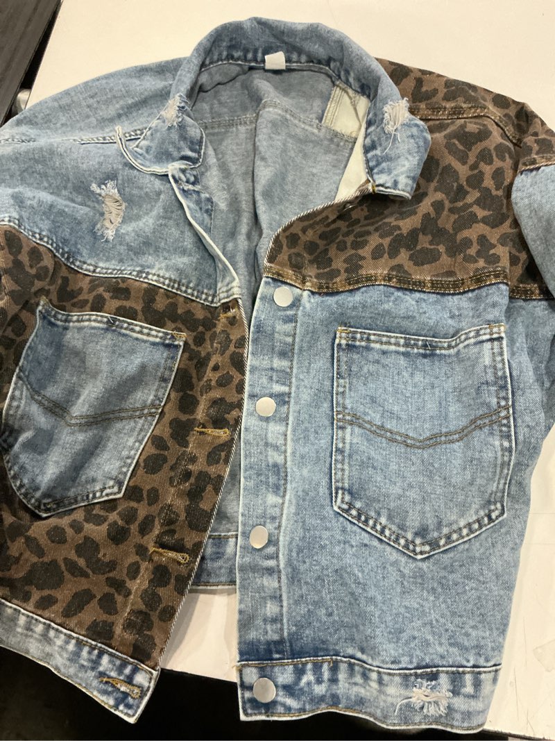 Condition photo showing As Is for women's denim jackets casual everyday wear with patchwork pockets and loose fit perfect all seasons and versatile. size m