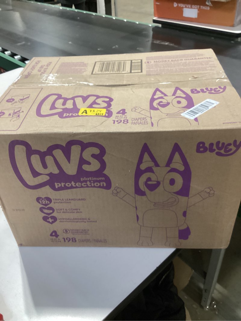 Condition photo showing New/Like New for Luvs Size 4 Baby Diapers, Platinum Protection Bluey Diapers for Day & Night, Size 4, 198 Count (Packaging May Vary) Size 4 198