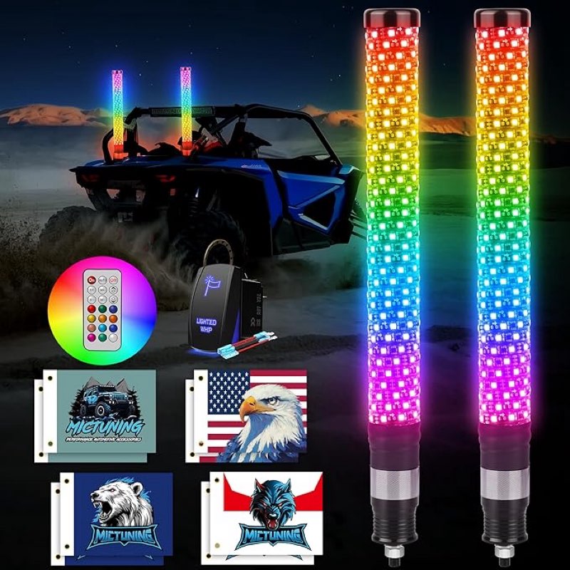 MICTUNING - 2 x 2ft RGB+IC Chasing LED Whip Lights, with Remote Control and Rocker Switch, IP68 Waterproof Spiral Antenna Whips for ATV UTV SXS RZR