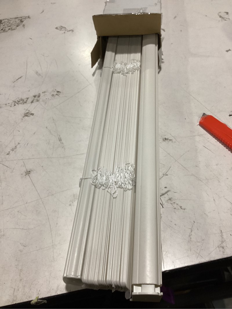 Condition photo showing As Is for mainstays cordless 1" vinyl light filtering blinds, white, 43" width x 64" length