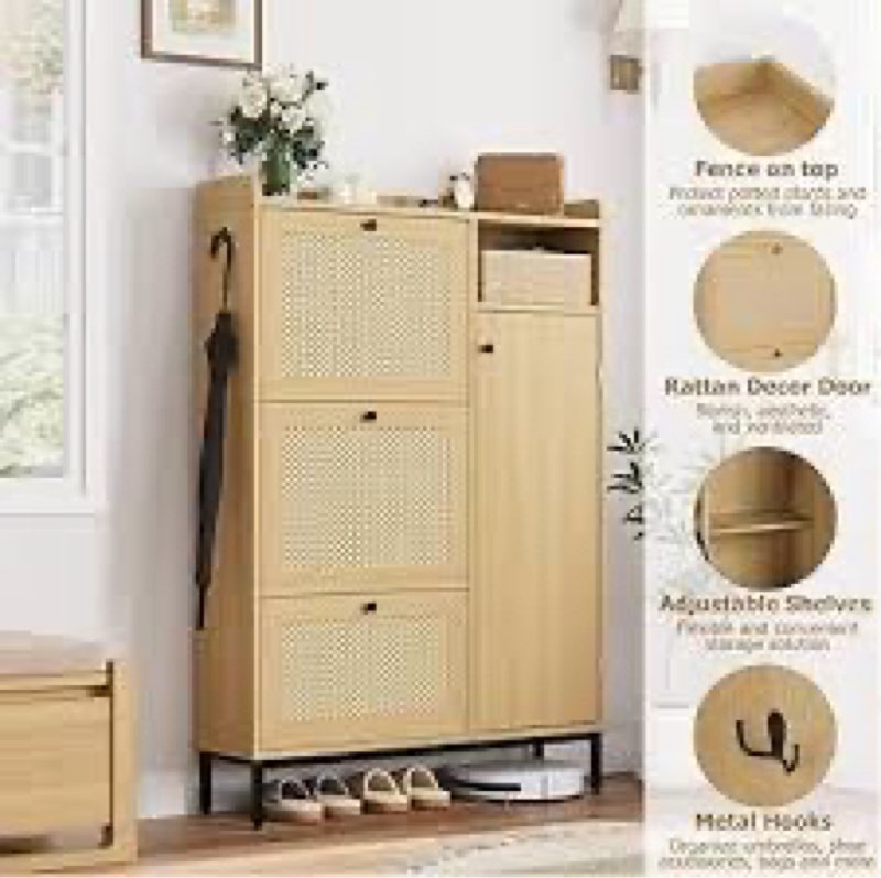 GarveeHome Shoe Cabinet Rattan with 3 Flip Drawers and 4-Tier Shoe Storage Cabinet, Freestanding Sho