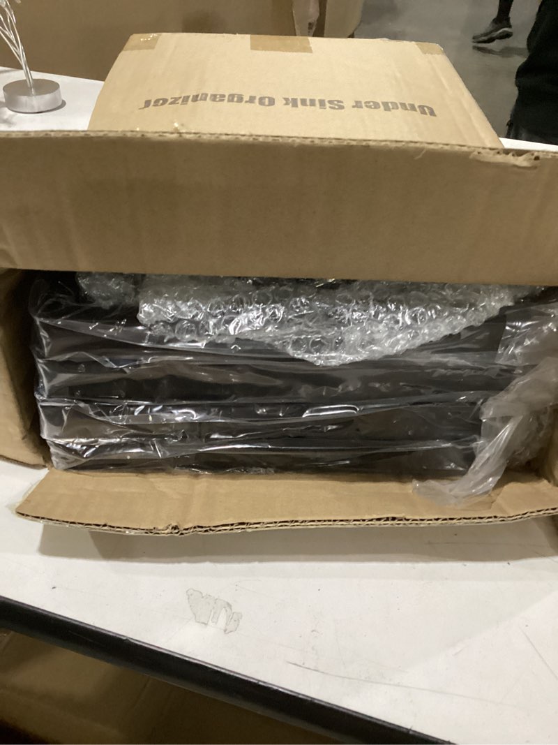 Condition photo showing New/Like New for Kitstorack Under Sink Organizer, 2 Tier Under the Sink Storage, Slide out Pull out Cabinet Organizer Shelf, Metal Sliding Drawer for Kitchen Bathroom Pantry Closet Organization Rack, Black, 2 Pack Black 2 Pack