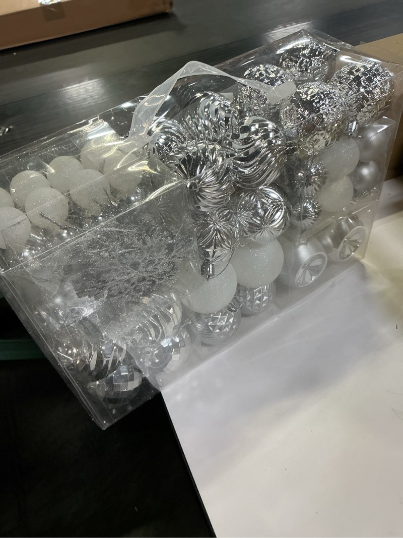 Condition photo showing New/Like New for XmasExp 99-Pack Christmas Ball Ornaments Assorted Shatterproof Christmas Tree Decorations with Hand-held Gift Package for Xmas Tree,Home,Party(Silver-White)