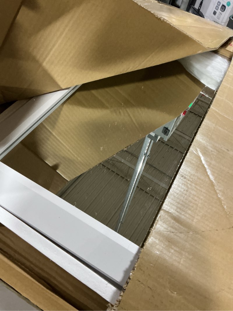 Condition photo showing As Is for smiror matte white bathroom mirror for over sink, 24”x 28” metal thick framed rectangle vanity mirror for wall, right angle corner, anti-rust, horizontally or vertically mounted white 28"l x 24"w