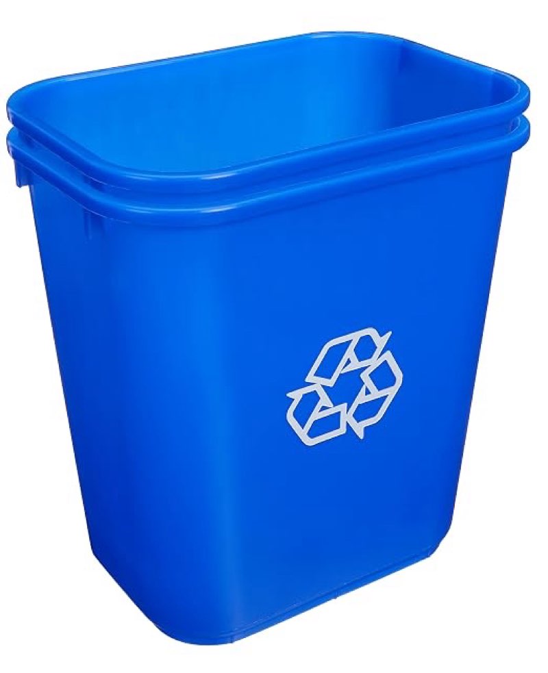 amazon basics rectangular commercial office recycling wastebasket with recycle logo, easy to clean, 7 gallon, blue, pack of 2