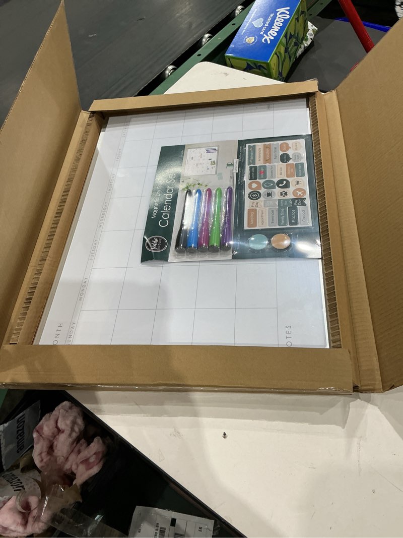 Condition photo showing New/Like New for loddie doddie magnetic dry erase calendar whiteboard - 17" x 23" aluminum frame - includes 5 color dry erase markers & planner magnets - wall mount monthly planner board