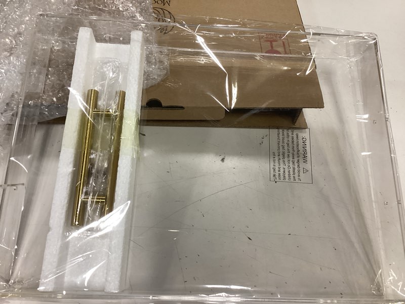 Condition photo showing Good Condition for 12"x16" clear acrylic serving tray with golden handles, sturdy huge capacity acrylic tray for coffee, juice, kitchen and desk organizer, storage tray (12"x16") 16" x 12" x 2"