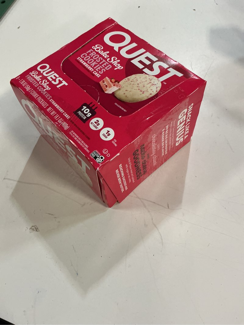 Condition photo showing New/Like New for (best by:05/18/2026)quest nutrition frosted cookies twin pack, strawberry cake, 1g sugar, 10g protein, 2g net carbs, gluten free, 16 cookies strawberry cake 16 count