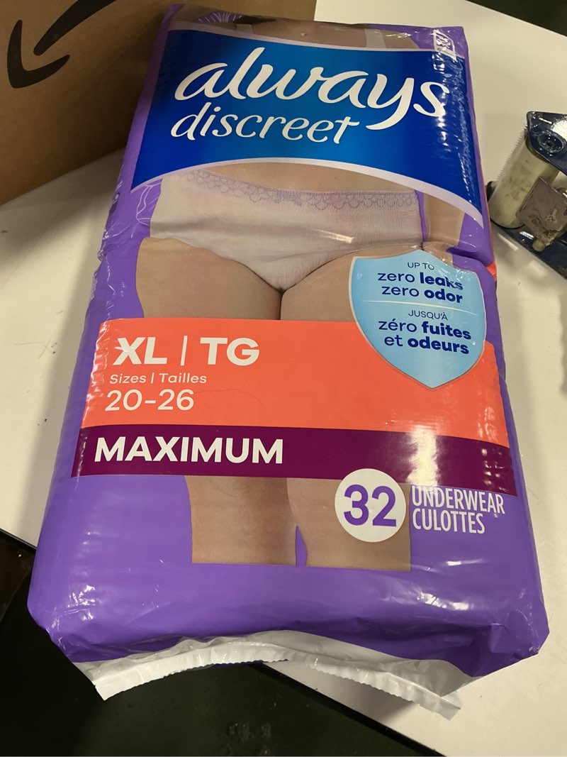 Condition photo showing New/Like New for Always Discreet Adult Incontinence Underwear for Women and Postpartum Underwear, XL Up to 100% Bladder Leak Protection, 32 Count XL 32