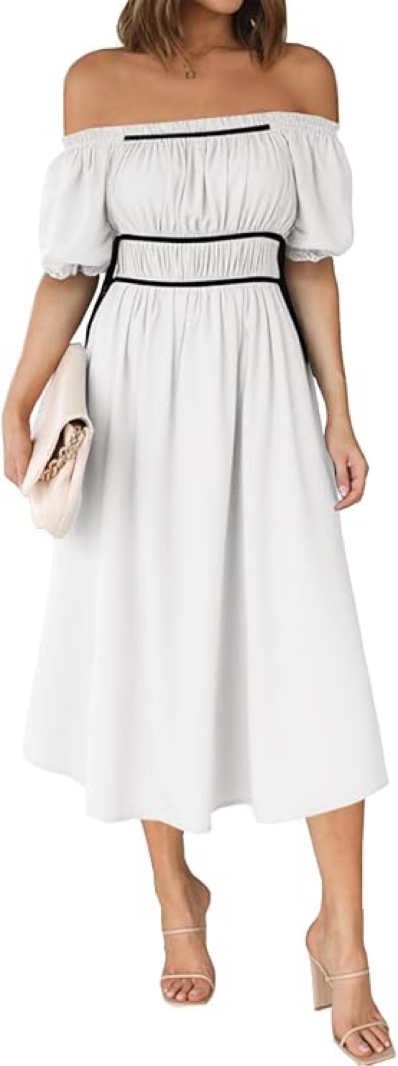 Wenrine Womens Off The Shoulder Midi Dress Summer Square Neck Puff Short Sleeve Casual Flowy A Line 