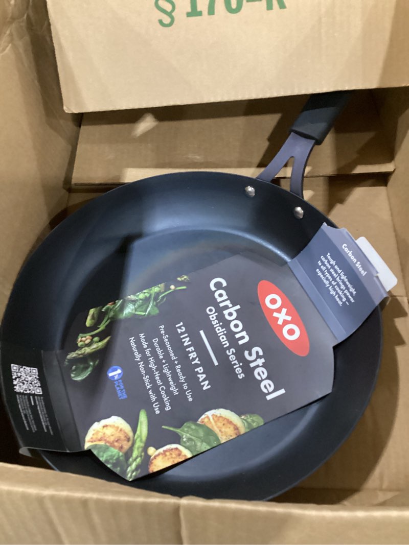 Condition photo showing As Is for oxo obsidian 12" carbon steel frying pan, pre-seasoned skillet, builds natural nonstick with use, induction ready, oven safe, removable silicone handle 12" frying pan skillet