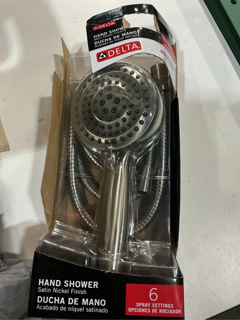 Condition photo showing As Is for delta proclean 6-settings spotshield brushed nickel 4.5-in round handheld high pressure shower head 2.5 gpm